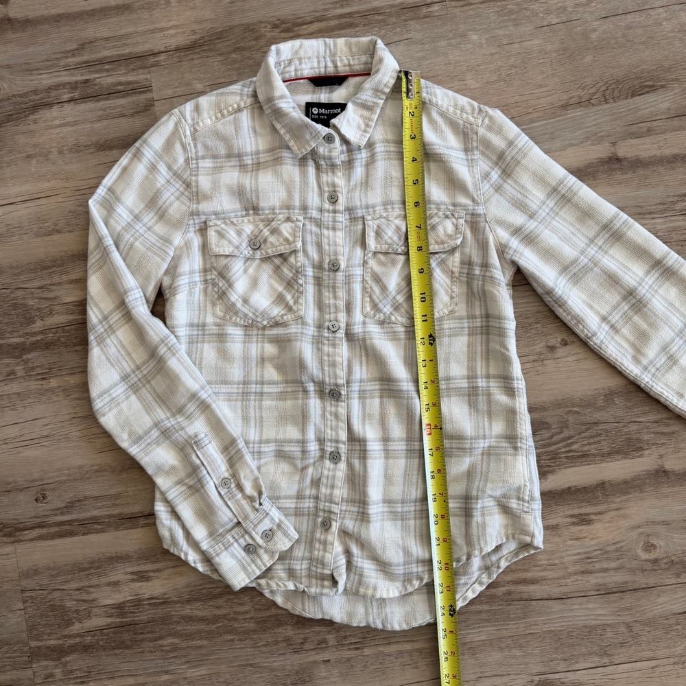 Marmot Womens XS Cream Gray Plaid Flannel Button Down Shirt Pockets Excellent - Picture 7 of 11